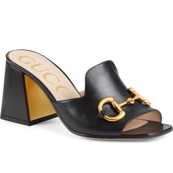 Gucci Black Leather Heels with Gold Accent - Picture 1 of 10